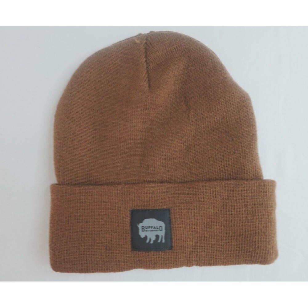 Buffalo Outdoors Brown‎ Knit Cuffed Beanie Hat Logo Patch Unisex Streetwear